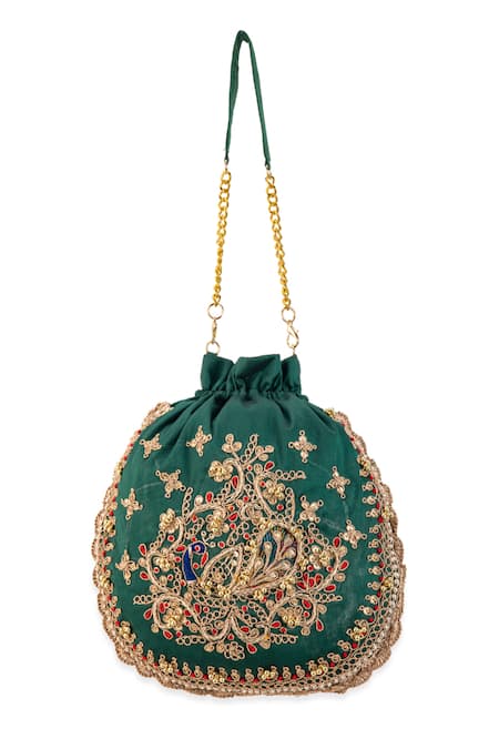 Shop_5elements_Green Embroidery, Beads, Tassels Ruvika Peacock Potli Bag _Online_at_Aza_Fashions