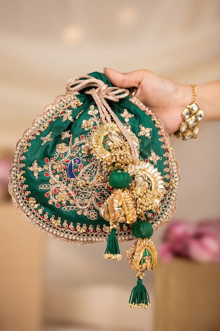 5elements_Green Embroidery, Beads, Tassels Ruvika Peacock Potli Bag _at_Aza_Fashions
