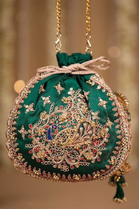 Buy_5elements_Green Embroidery, Beads, Tassels Ruvika Peacock Potli Bag 
