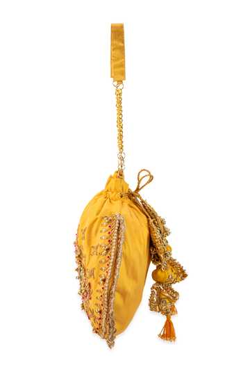 5elements_Yellow Embroidery, Beads, Stones, Tassels Ruvika Peacock Motif Potli Bag _Online_at_Aza_Fashions
