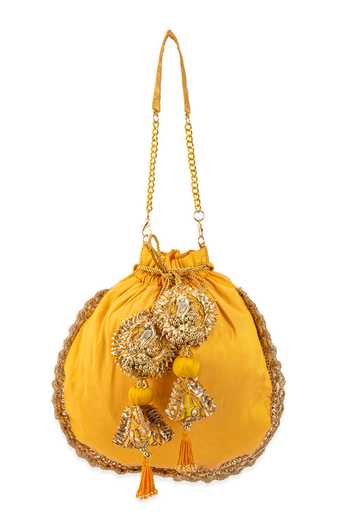 Buy_5elements_Yellow Embroidery, Beads, Stones, Tassels Ruvika Peacock Motif Potli Bag _Online_at_Aza_Fashions