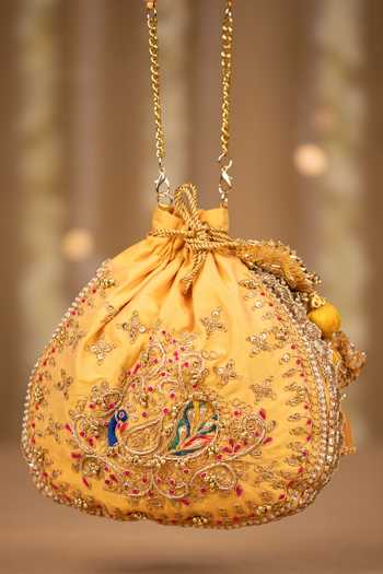 5elements_Yellow Embroidery, Beads, Stones, Tassels Ruvika Peacock Motif Potli Bag _at_Aza_Fashions