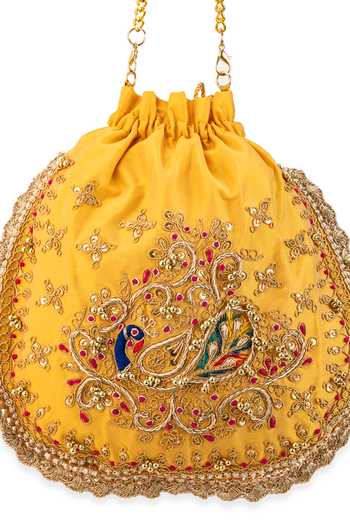 Buy_5elements_Yellow Embroidery, Beads, Stones, Tassels Ruvika Peacock Motif Potli Bag 