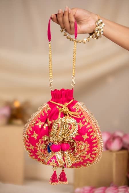 Buy_5elements_Pink Embroidery, Beads, Sequins, Tassels Ruvika Peacock Potli Bag _Online_at_Aza_Fashions