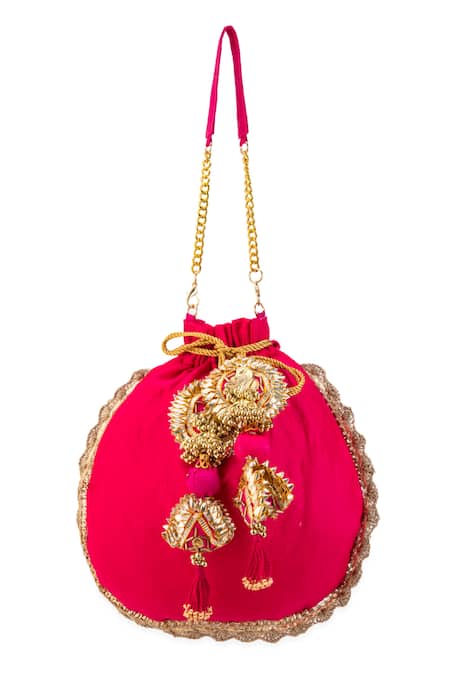 Shop_5elements_Pink Embroidery, Beads, Sequins, Tassels Ruvika Peacock Potli Bag _Online_at_Aza_Fashions