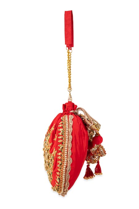 5elements_Red Embroidery, Sequins, Beads, Tassels Ruvika Peacock Potli Bag _Online_at_Aza_Fashions