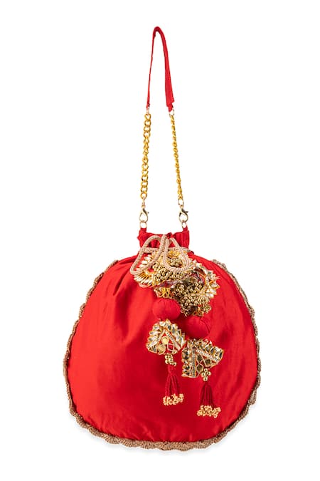 Buy_5elements_Red Embroidery, Sequins, Beads, Tassels Ruvika Peacock Potli Bag _Online_at_Aza_Fashions