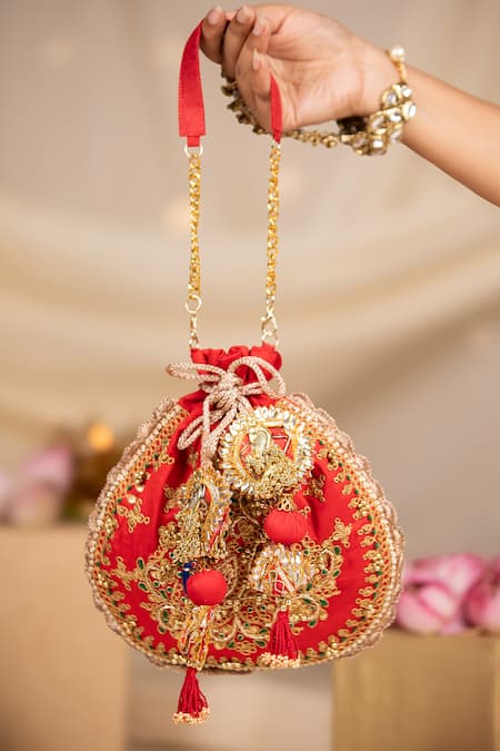 Shop_5elements_Red Embroidery, Sequins, Beads, Tassels Ruvika Peacock Potli Bag _Online_at_Aza_Fashions