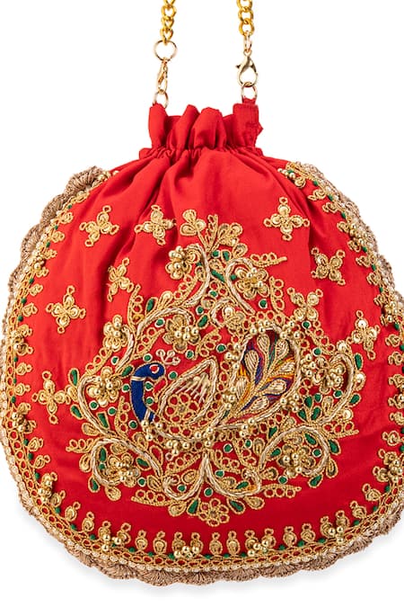 5elements_Red Embroidery, Sequins, Beads, Tassels Ruvika Peacock Potli Bag _at_Aza_Fashions