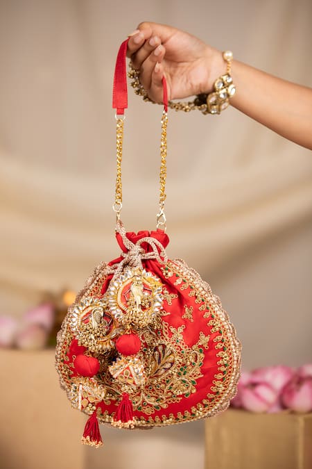 Buy_5elements_Red Embroidery, Sequins, Beads, Tassels Ruvika Peacock Potli Bag 