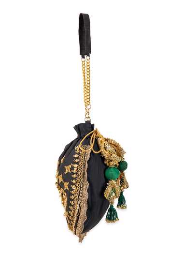 5elements_Black Embroidery, Sequins, Beads, Tassels, Pom-poms Ruvika Peacock Potli Bag _Online_at_Aza_Fashions