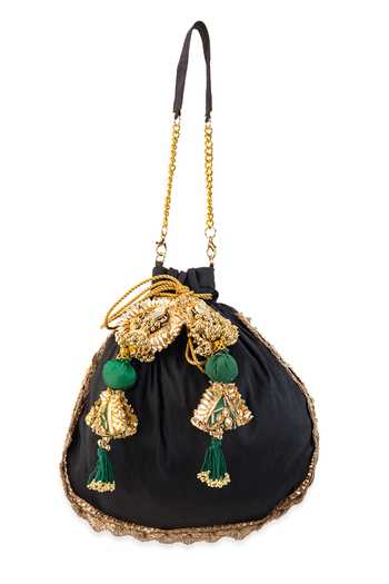 Buy_5elements_Black Embroidery, Sequins, Beads, Tassels, Pom-poms Ruvika Peacock Potli Bag _Online_at_Aza_Fashions