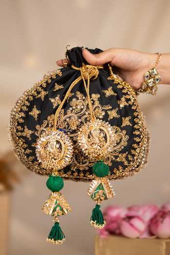 Shop_5elements_Black Embroidery, Sequins, Beads, Tassels, Pom-poms Ruvika Peacock Potli Bag _Online_at_Aza_Fashions