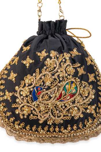 5elements_Black Embroidery, Sequins, Beads, Tassels, Pom-poms Ruvika Peacock Potli Bag _at_Aza_Fashions