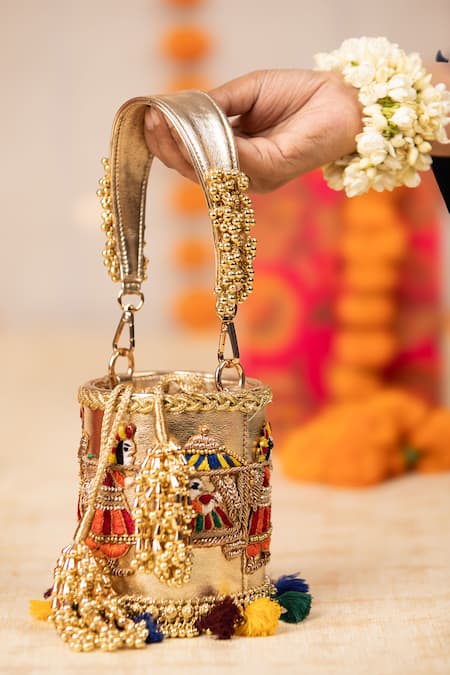 5elements_Gold Embroidery, Beads, Tassels Kashvi Potli Bag _Online_at_Aza_Fashions