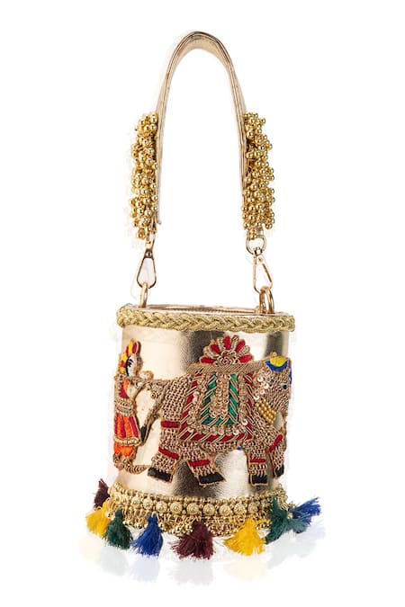 Shop_5elements_Gold Embroidery, Beads, Tassels Kashvi Potli Bag _Online_at_Aza_Fashions