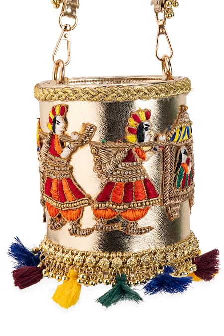 5elements_Gold Embroidery, Beads, Tassels Kashvi Potli Bag _at_Aza_Fashions