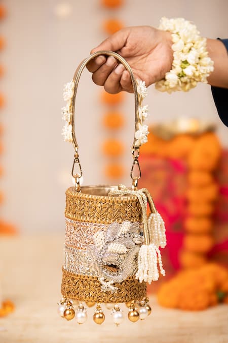 5elements_Gold Beads, Pearls, Tassels Rithvika Embellished Potli Bag _Online_at_Aza_Fashions