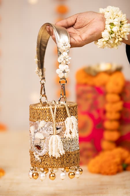5elements_Gold Beads, Pearls, Tassels Rithvika Embellished Potli Bag _at_Aza_Fashions