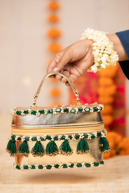 Shop_5elements_Gold Beads, Tassels, Stones Vianya And Embellished Handbag 
