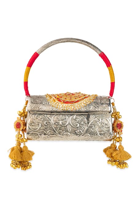 Buy_5elements_Silver Tassels, Beads, Embroidery Vidhara Engraved Handbag  _Online_at_Aza_Fashions