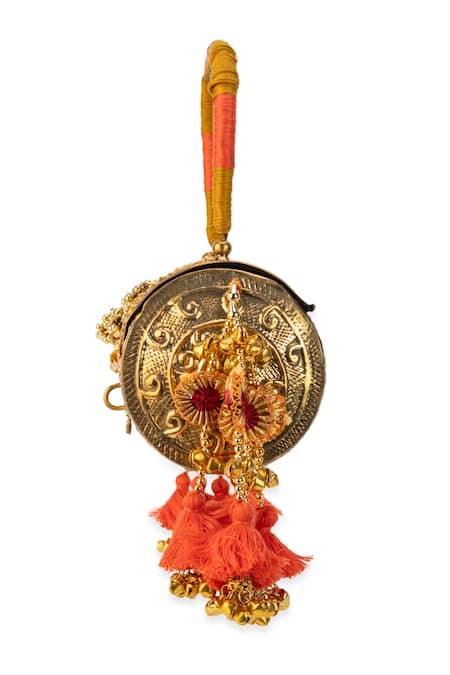 5elements_Gold Tassels, Beads, Mirrors Tanvika Embossed Cylindrical Handbag  _Online_at_Aza_Fashions