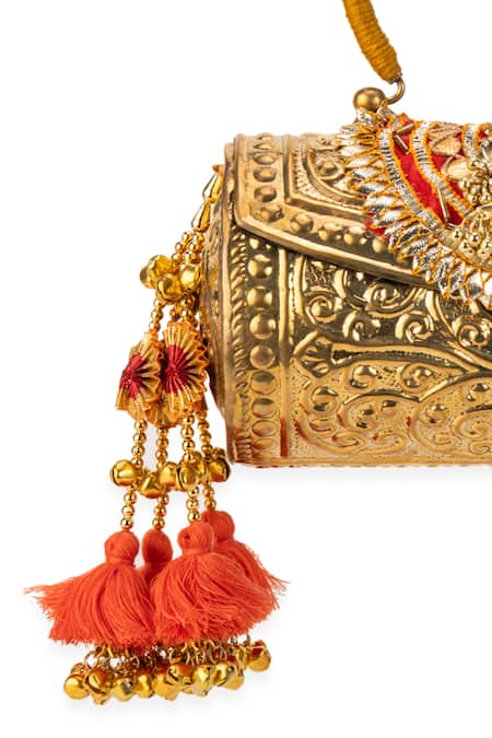 Shop_5elements_Gold Tassels, Beads, Mirrors Tanvika Embossed Cylindrical Handbag  _Online_at_Aza_Fashions