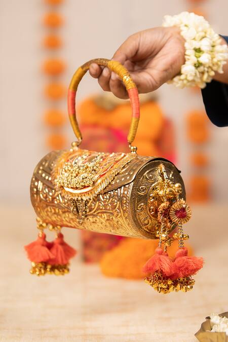 5elements_Gold Tassels, Beads, Mirrors Tanvika Embossed Cylindrical Handbag  _at_Aza_Fashions