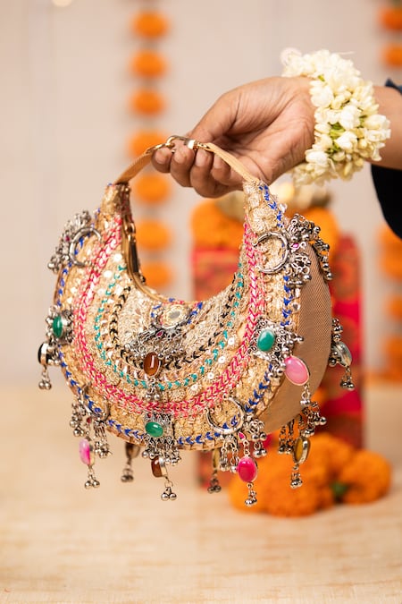 Shop_5elements_Gold Beads, Stones, Tassels, Metallic Thread, Embroidery Arvika Brocade Handbag _Online_at_Aza_Fashions