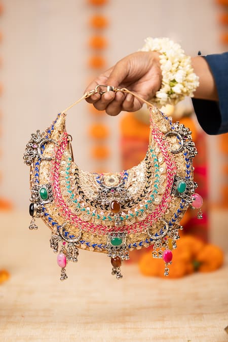 5elements_Gold Beads, Stones, Tassels, Metallic Thread, Embroidery Arvika Brocade Handbag _at_Aza_Fashions