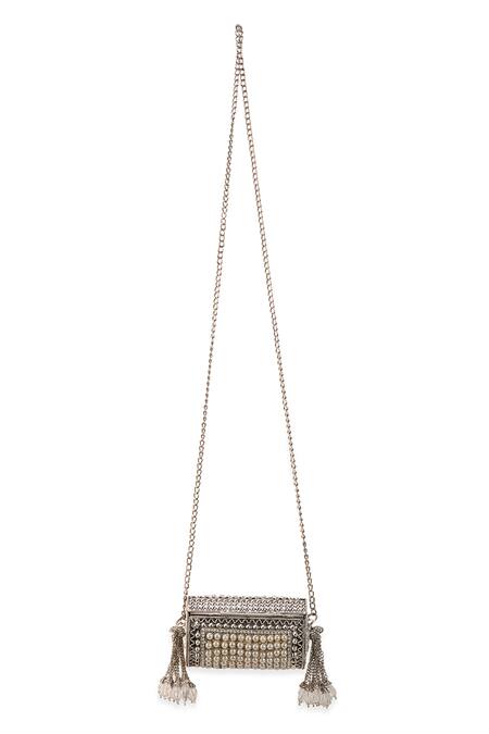 Buy_5elements_Silver Pearls, Tassels, Crystals Arunika Embellished Metallic Handbag _Online_at_Aza_Fashions