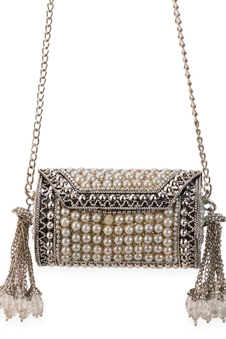 Shop_5elements_Silver Pearls, Tassels, Crystals Arunika Embellished Metallic Handbag _Online_at_Aza_Fashions