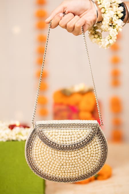 5elements Kunika Pearl Embellished Metallic Handbag 