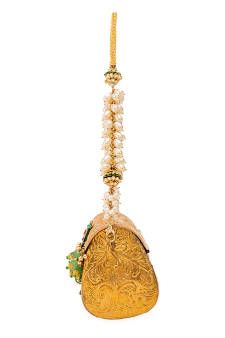 5elements_Gold Pearls, Gemstones, Beads, Chains Aarini Embossed Bag _Online_at_Aza_Fashions