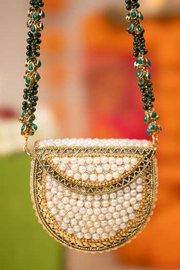 5elements_Gold Pearls, Beads Divisha Embellished Handbag _at_Aza_Fashions