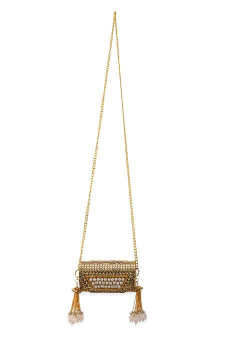 Buy 5elements Gold Pearls, Beads, Tassels Mahika Embellished Metallic Sling Bag Online at Aza Fashions Buy_5elements_Gold Pearls, Beads, Tassels Mahika Embellished Metallic Sling Bag _Online_at_Aza_Fashions