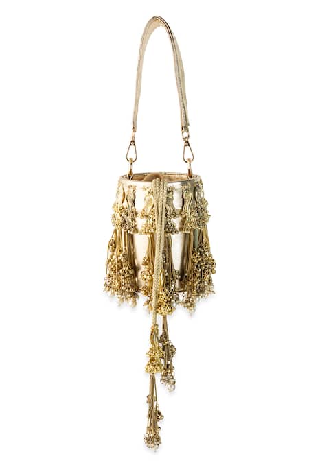 Buy_5elements_Gold Beads, Tassels, Pearls Aadhira Peacock Jhumka Embellished Potli Bag _Online_at_Aza_Fashions