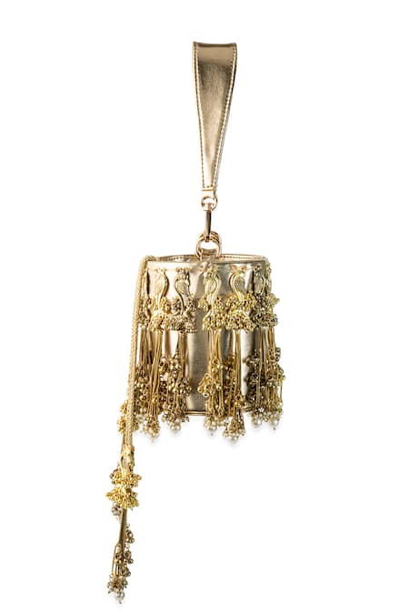 Shop_5elements_Gold Beads, Tassels, Pearls Aadhira Peacock Jhumka Embellished Potli Bag _Online_at_Aza_Fashions