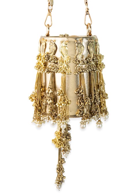 5elements_Gold Beads, Tassels, Pearls Aadhira Peacock Jhumka Embellished Potli Bag _at_Aza_Fashions