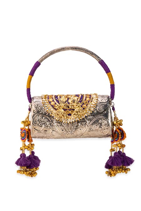 5elements_Silver Tassels, Studs, Embroidery Vasudha Engraved Metallic Handbag  _Online_at_Aza_Fashions