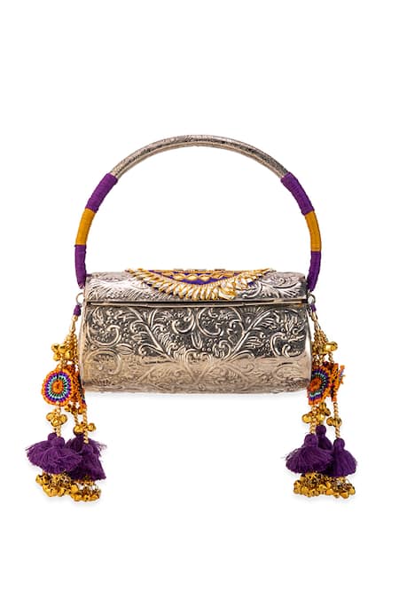 Shop_5elements_Silver Tassels, Studs, Embroidery Vasudha Engraved Metallic Handbag  _Online_at_Aza_Fashions