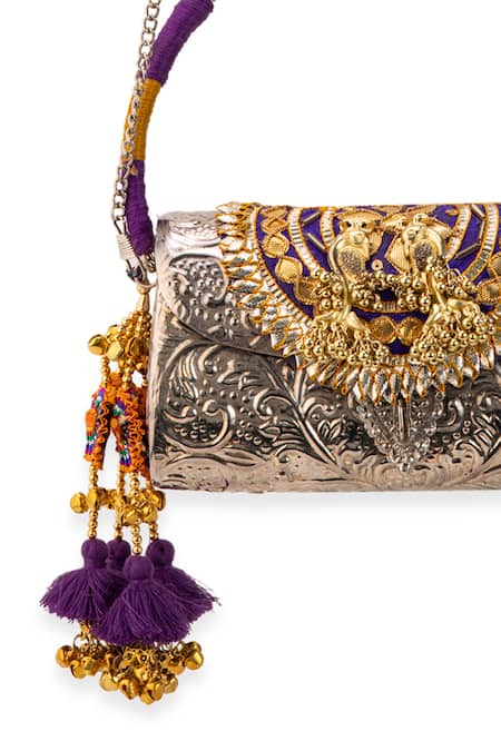 5elements_Silver Tassels, Studs, Embroidery Vasudha Engraved Metallic Handbag  _at_Aza_Fashions