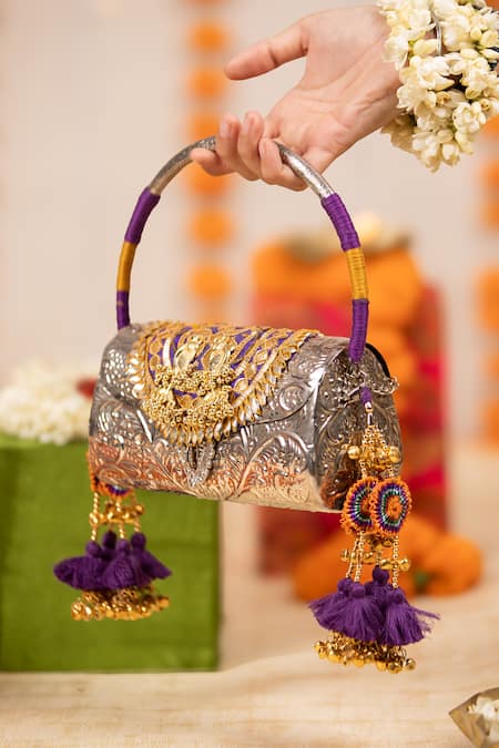 Buy_5elements_Silver Tassels, Studs, Embroidery Vasudha Engraved Metallic Handbag  