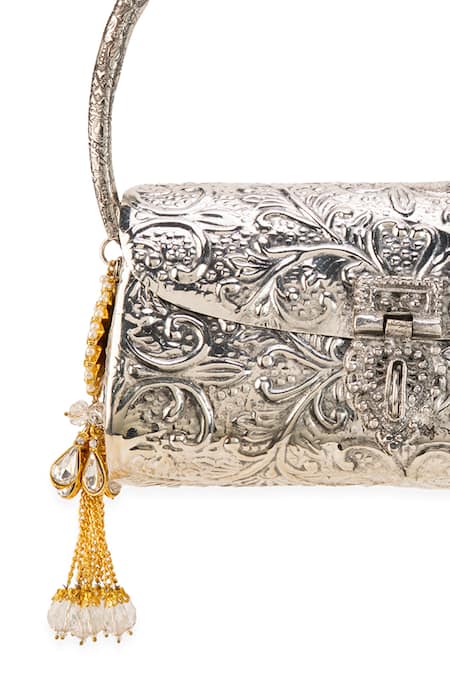 5elements_Silver Beads, Gemstones, Tassels Urvi Engraved Handbag _at_Aza_Fashions