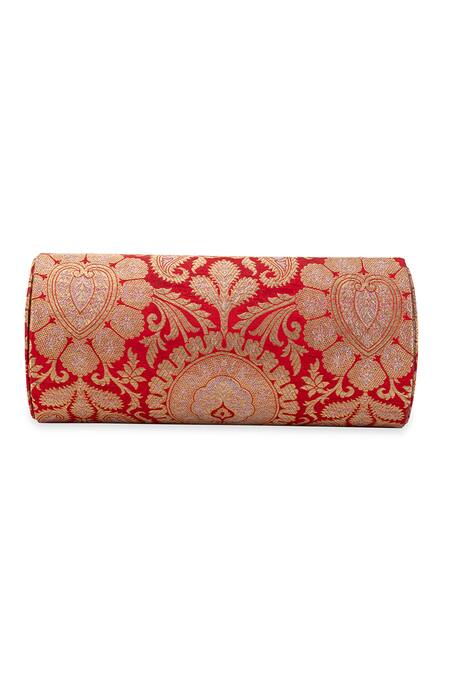 5elements_Red Metallic Thread, Beads, Aranya Paisley Pattern Peacock Embellished Clutch _Online_at_Aza_Fashions