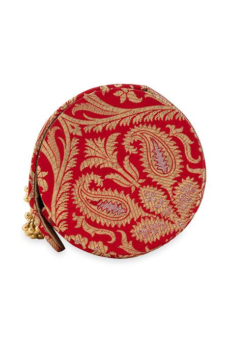 Buy_5elements_Red Metallic Thread, Beads, Aranya Paisley Pattern Peacock Embellished Clutch _Online_at_Aza_Fashions