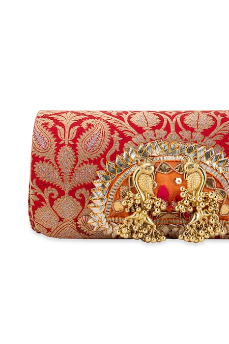 Shop_5elements_Red Metallic Thread, Beads, Aranya Paisley Pattern Peacock Embellished Clutch _Online_at_Aza_Fashions