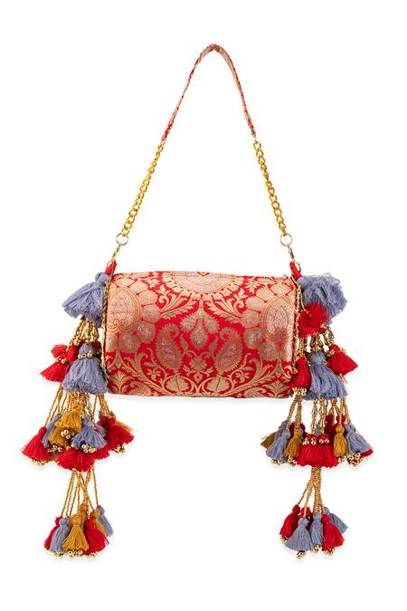 Buy_5elements_Red Tassels, Chains Prisha Brocade Embellished Handbag _Online_at_Aza_Fashions