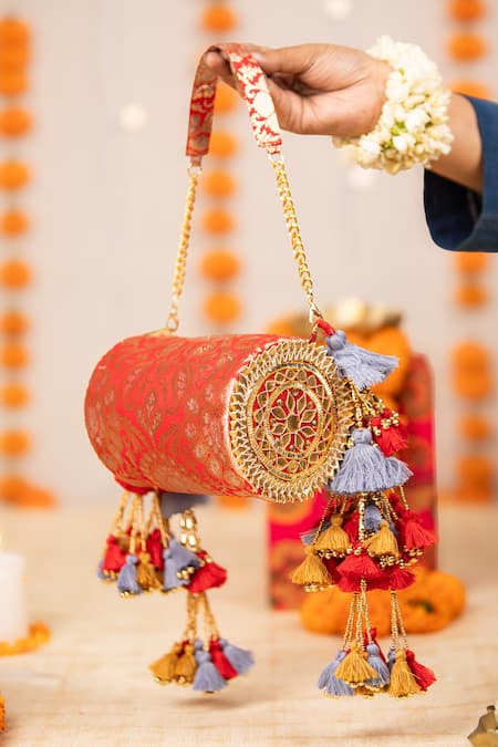 Shop_5elements_Red Tassels, Chains Prisha Brocade Embellished Handbag _Online_at_Aza_Fashions
