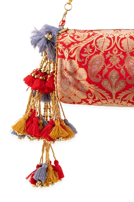 5elements_Red Tassels, Chains Prisha Brocade Embellished Handbag _at_Aza_Fashions